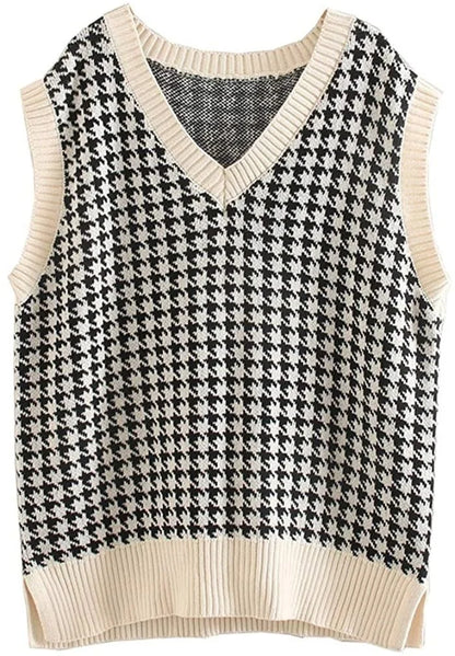 Women's knitted vest houndstooth V-neck sleeveless sweater vest