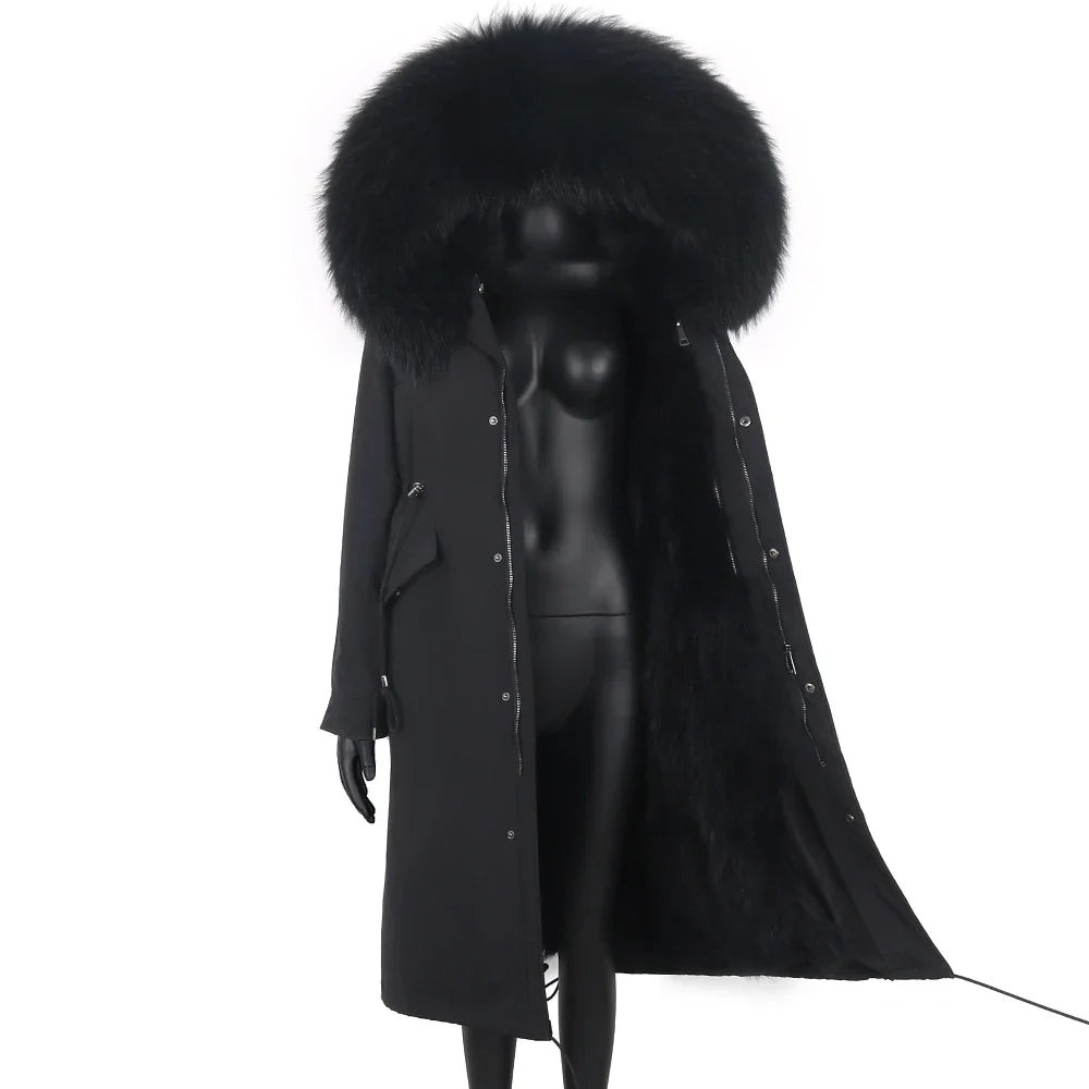 Damen Winterparka lang mit großer Kapuze und Pelzimitat Futter