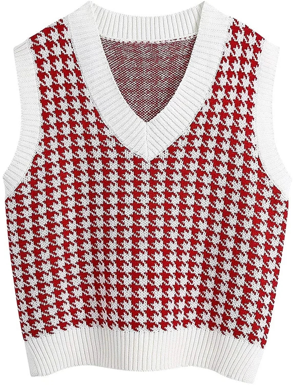 Women's knitted vest houndstooth V-neck sleeveless sweater vest