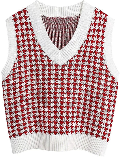 Women's knitted vest houndstooth V-neck sleeveless sweater vest