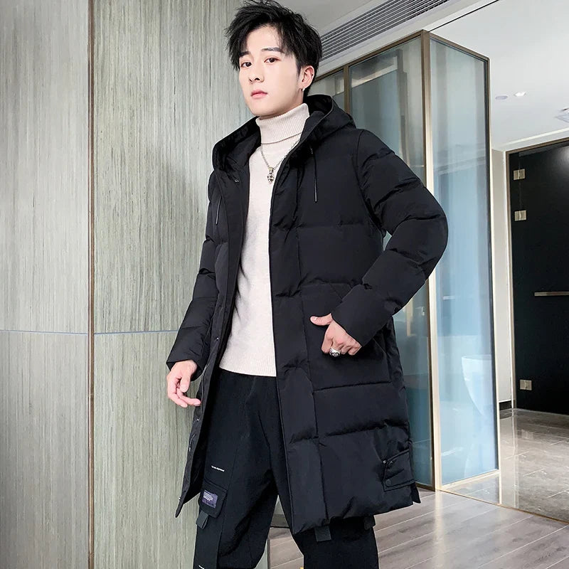 Men's long down coat, winter padded quilted coat with hood
