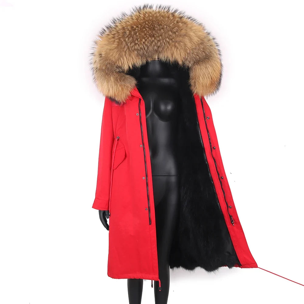 Damen Winterparka lang mit großer Kapuze und Pelzimitat Futter