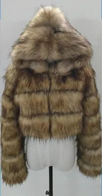 Damen Kurz Kunstfell Jacke mit Kapuze und langen Ärmeln