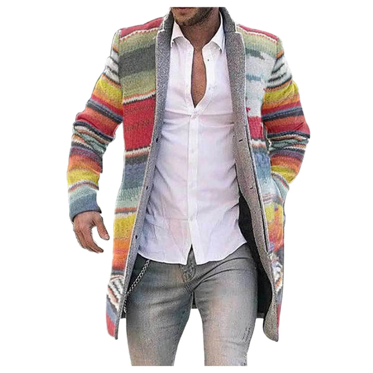 Men's long striped cardigan with button placket, multicolored