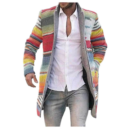 Men's long striped cardigan with button placket, multicolored