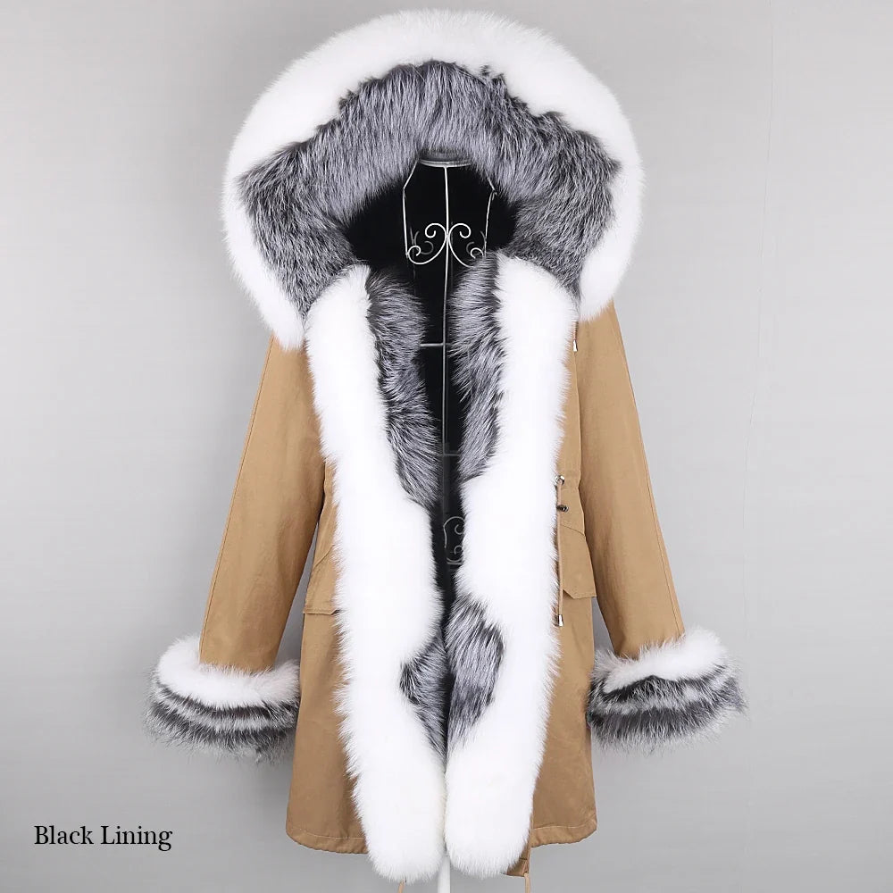 Winter parka with hood and black faux fur lining
