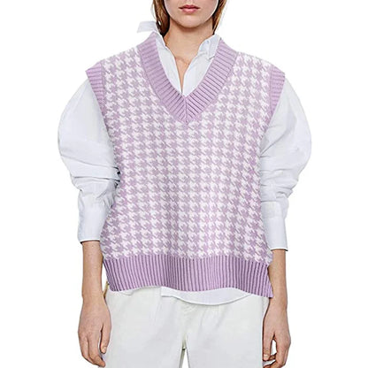 Women's knitted vest houndstooth V-neck sleeveless sweater vest