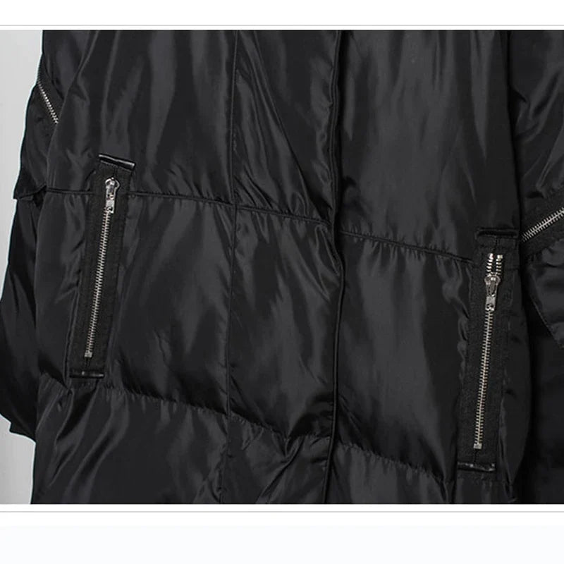 Long black quilted coat with hood for men