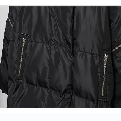 Long black quilted coat with hood for men
