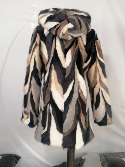 Damen Kapuzenjacke Pelz-Optik Mehrfarbig Reißverschluss Herbst Winter