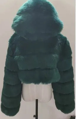 Damen Kurz Kunstfell Jacke mit Kapuze und langen Ärmeln