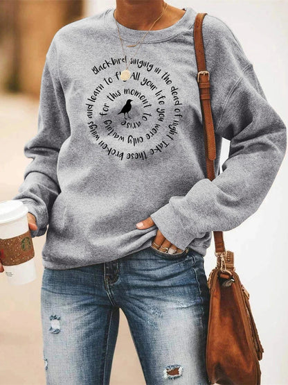 Women's Crew-Neck Long-Sleeve Sweatshirt with Bird & Lettering Print