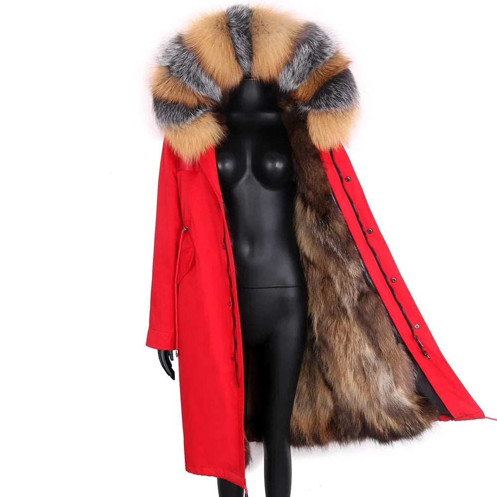 Damen Winterparka lang mit großer Kapuze und Pelzimitat Futter