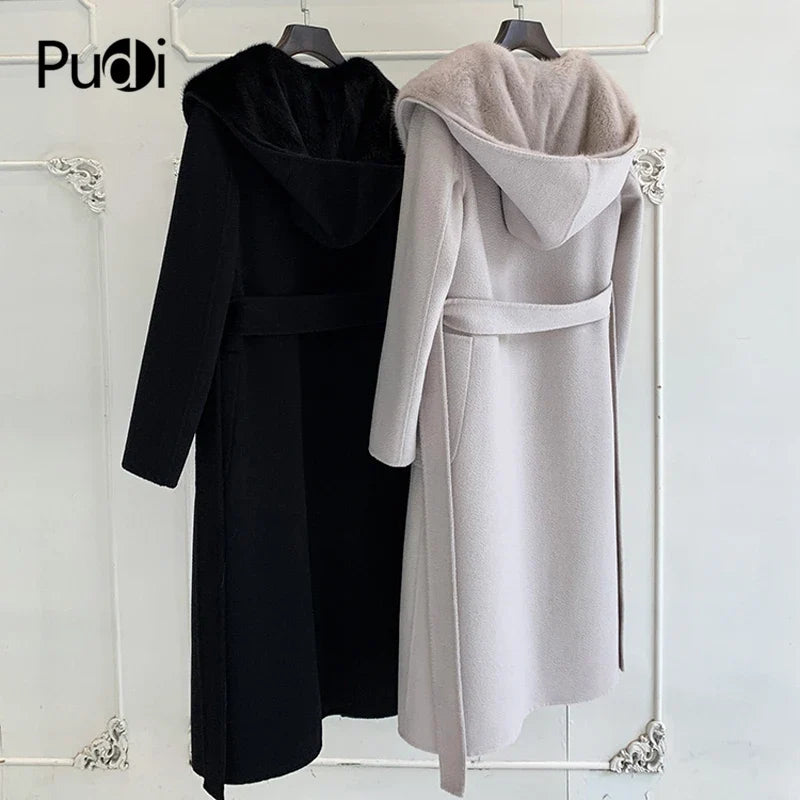 Women's winter coat with hood and fur look, long, black