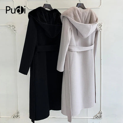 Women's winter coat with hood and fur look, long, black