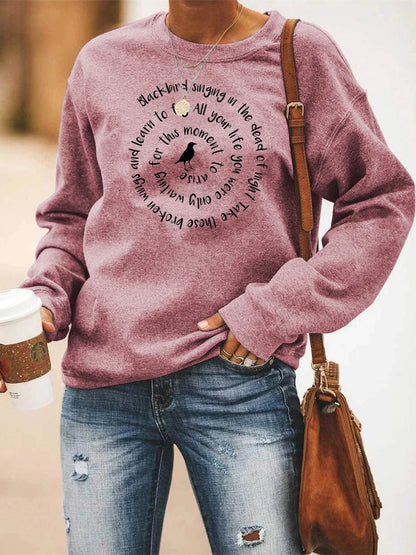 Women's Crew-Neck Long-Sleeve Sweatshirt with Bird & Lettering Print