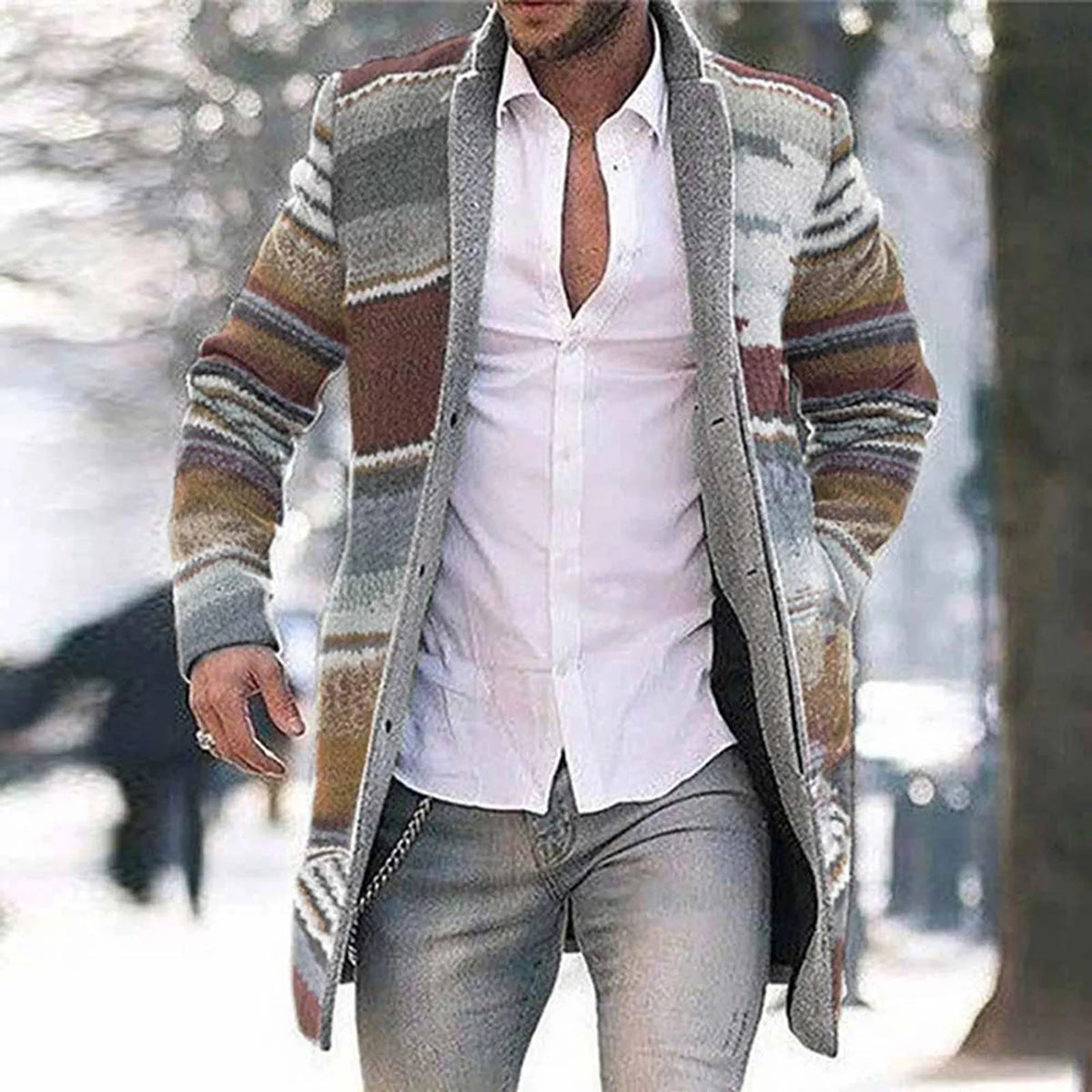 Men's long striped cardigan with button placket, multicolored