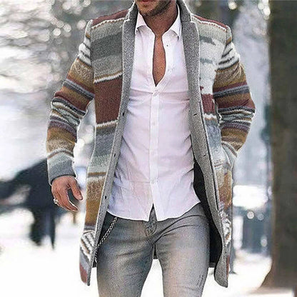 Men's long striped cardigan with button placket, multicolored