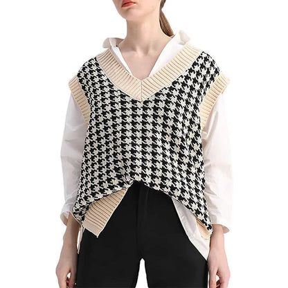 Women's knitted vest houndstooth V-neck sleeveless sweater vest