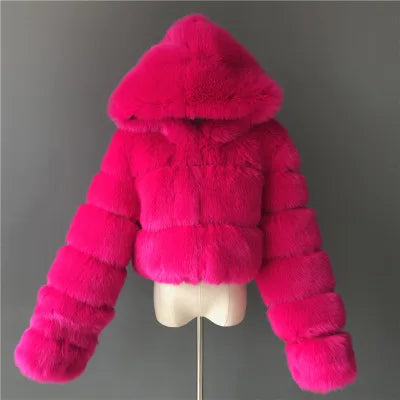 Damen Kurz Kunstfell Jacke mit Kapuze und langen Ärmeln