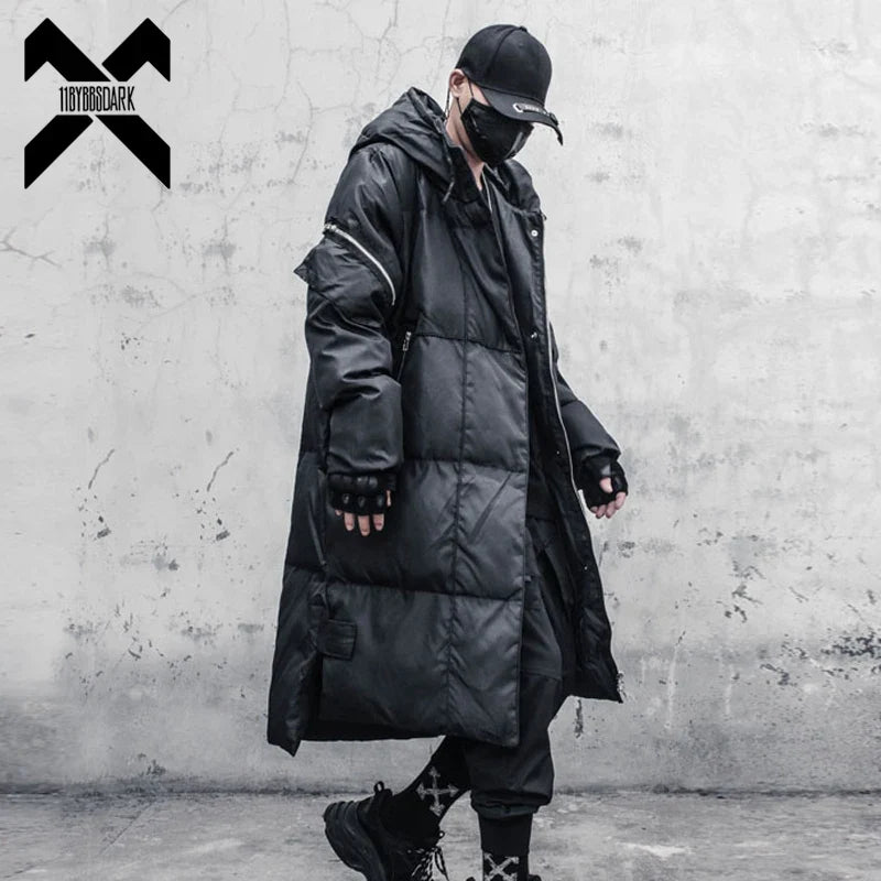 Long black quilted coat with hood for men