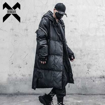 Long black quilted coat with hood for men