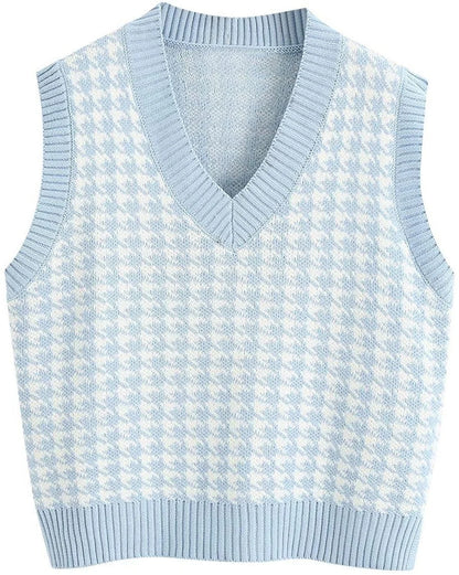 Women's knitted vest houndstooth V-neck sleeveless sweater vest