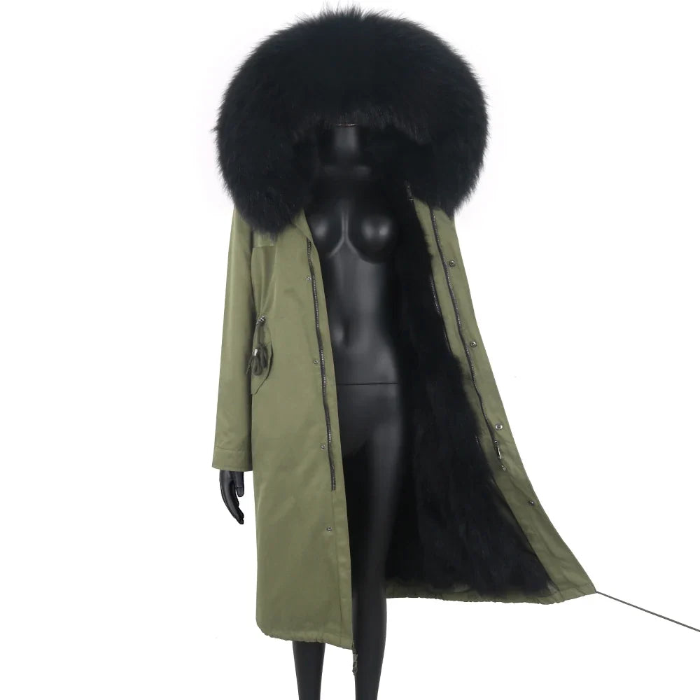 Damen Winterparka lang mit großer Kapuze und Pelzimitat Futter