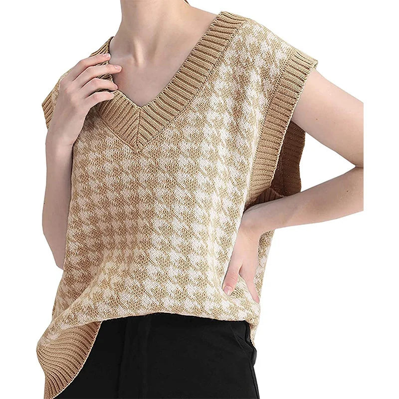 Women's knitted vest houndstooth V-neck sleeveless sweater vest