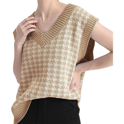 Women's knitted vest houndstooth V-neck sleeveless sweater vest