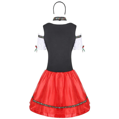 Dirndl Kostüm Rot/Schwarz Kurz mit Rüschen und Korsettschnürung Damen