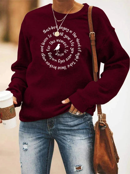 Women's Crew-Neck Long-Sleeve Sweatshirt with Bird & Lettering Print