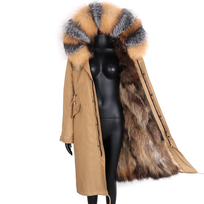 Damen Winterparka lang mit großer Kapuze und Pelzimitat Futter