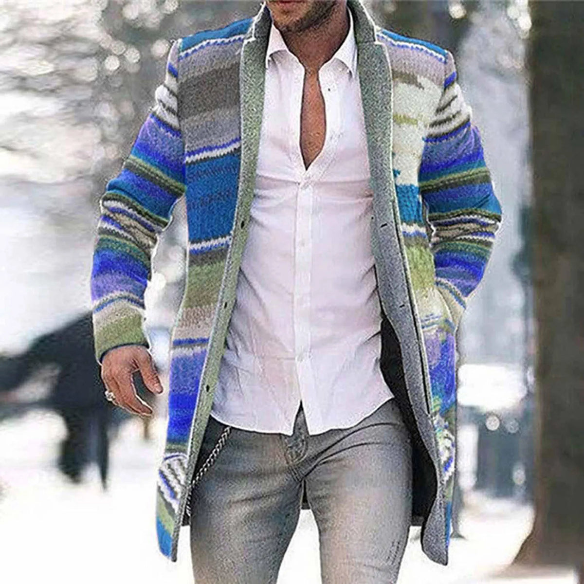 Men's long striped cardigan with button placket, multicolored