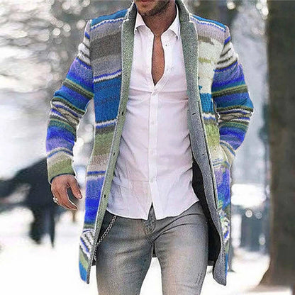 Men's long striped cardigan with button placket, multicolored