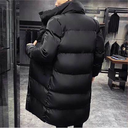 Long black puffer coat with hood for men