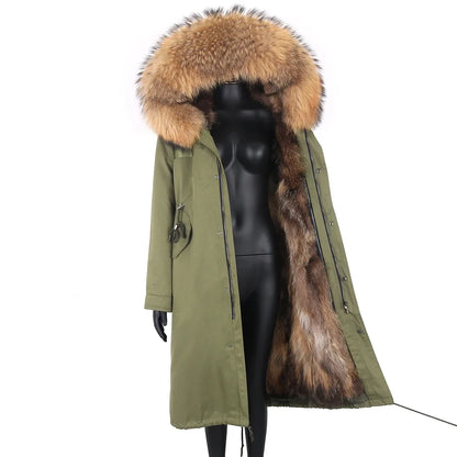 Damen Winterparka lang mit großer Kapuze und Pelzimitat Futter
