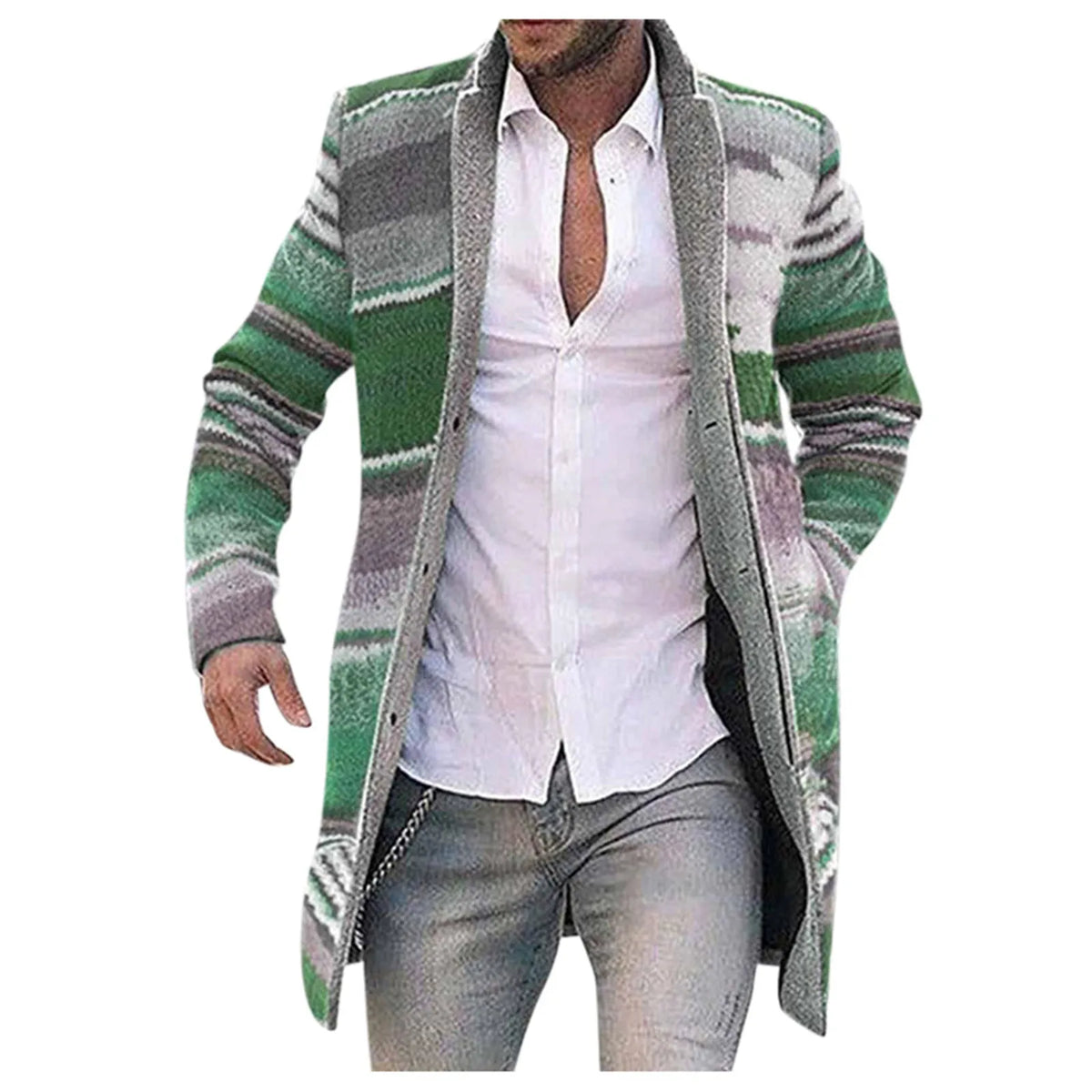 Men's long striped cardigan with button placket, multicolored