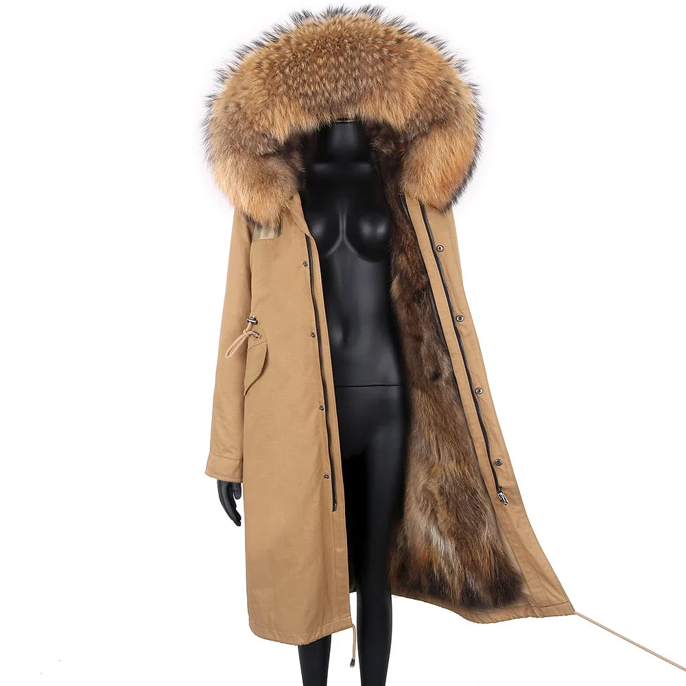 Damen Winterparka lang mit großer Kapuze und Pelzimitat Futter