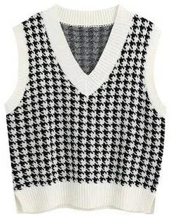 Women's knitted vest houndstooth V-neck sleeveless sweater vest