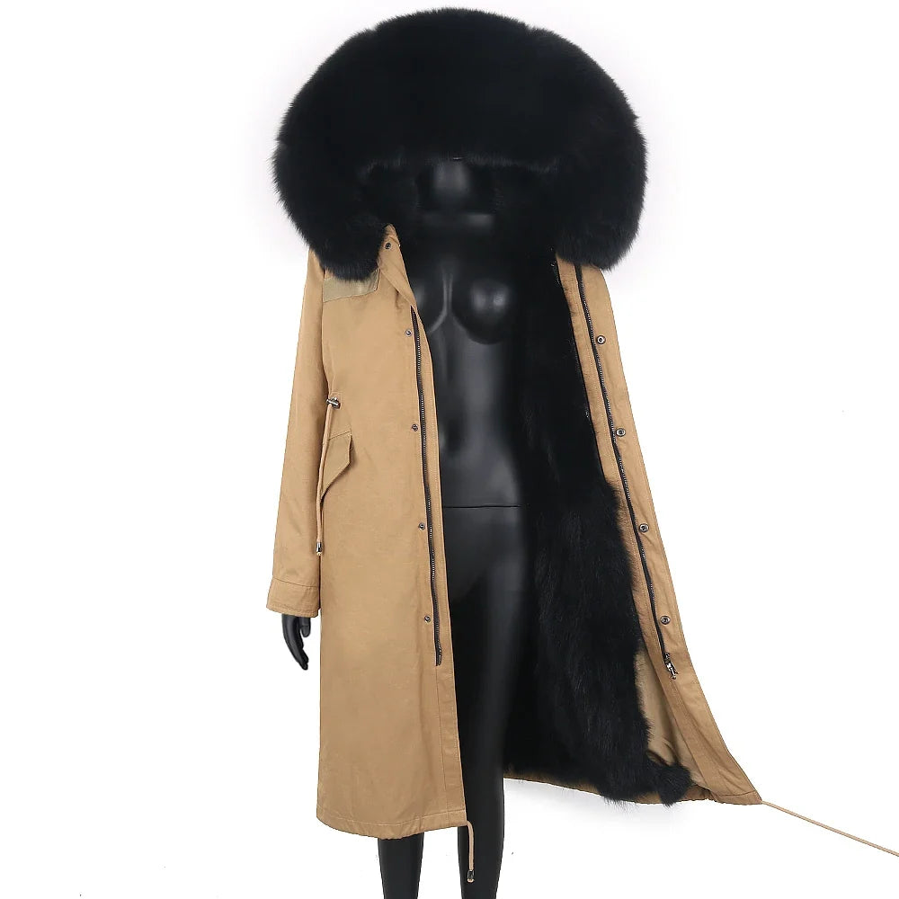 Damen Winterparka lang mit großer Kapuze und Pelzimitat Futter