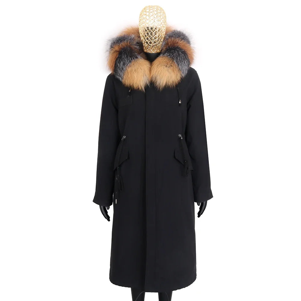 Damen Winterparka lang mit großer Kapuze und Pelzimitat Futter