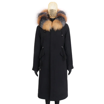 Damen Winterparka lang mit großer Kapuze und Pelzimitat Futter
