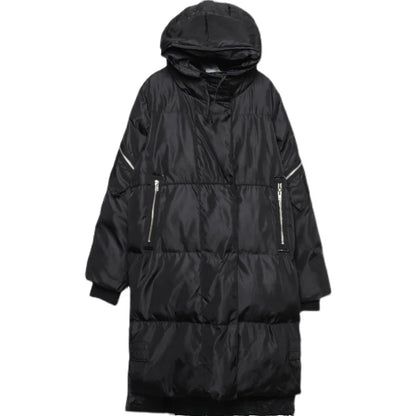 Long black quilted coat with hood for men