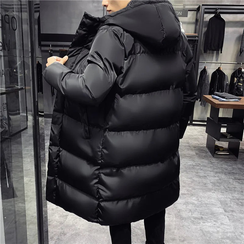 Long black puffer coat with hood for men