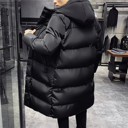 Long black puffer coat with hood for men