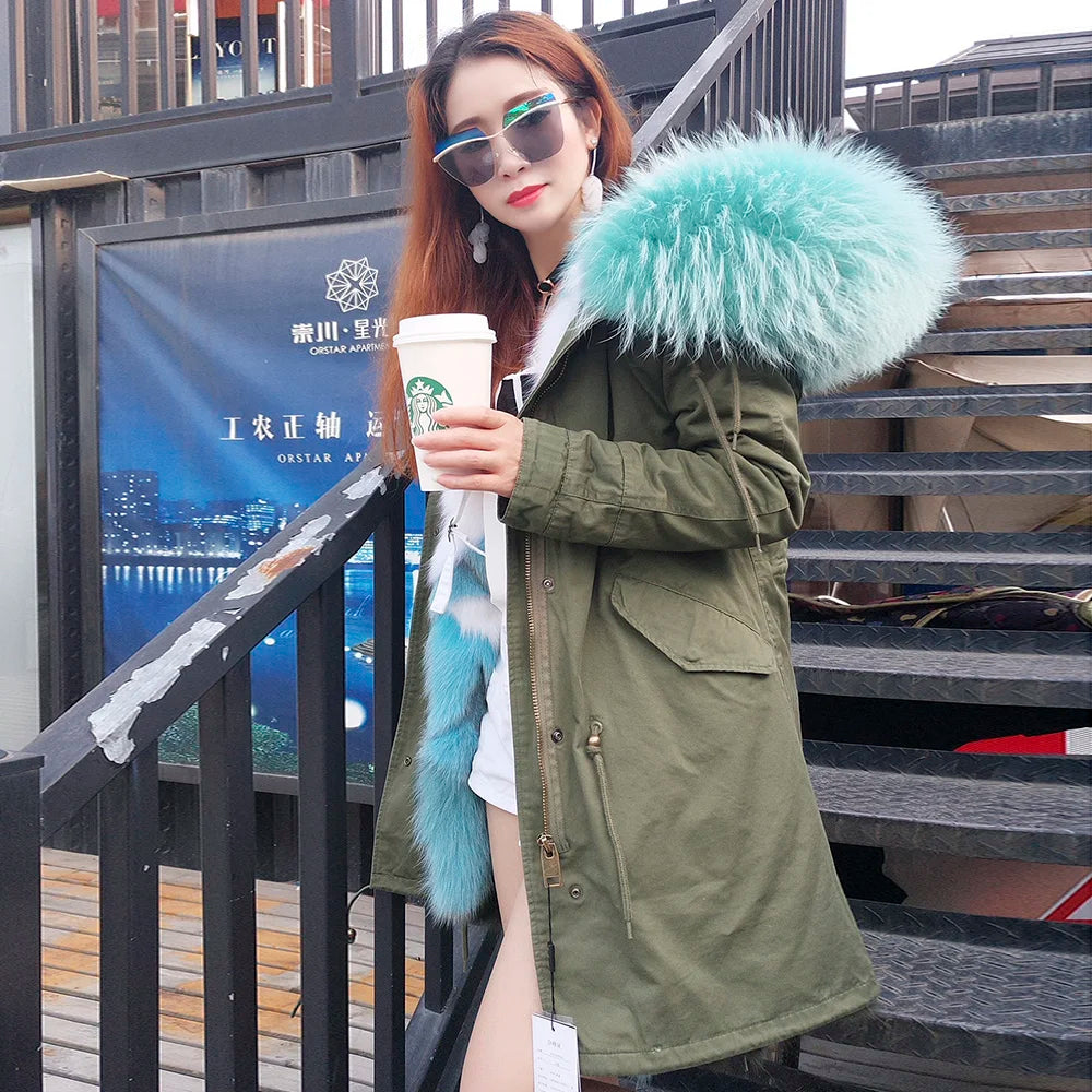 Women's winter parka with removable faux fur collar and lining