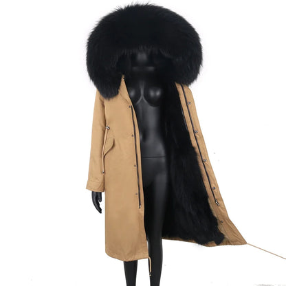 Damen Winterparka lang mit großer Kapuze und Pelzimitat Futter