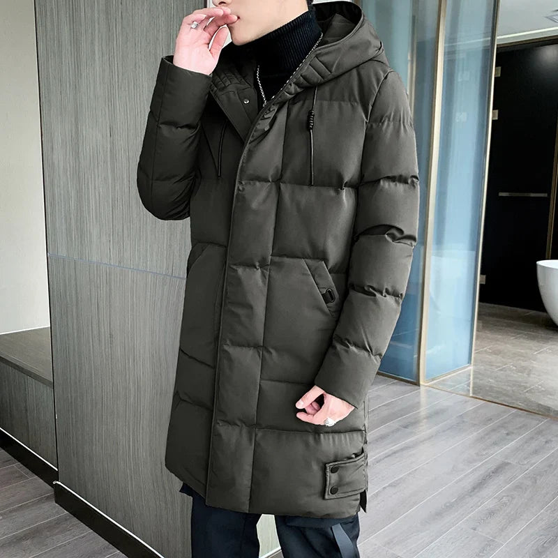 Men's long down coat, winter padded quilted coat with hood