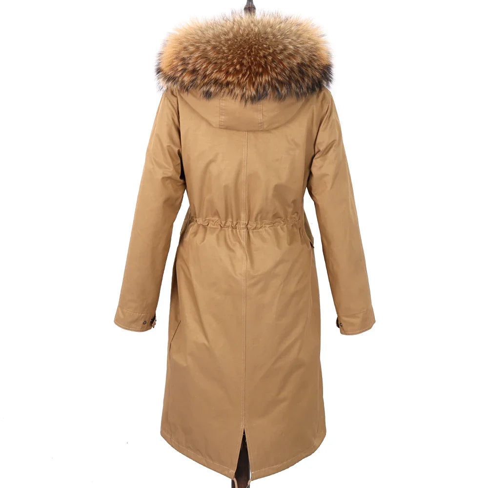 Long winter parka coat with hood and fur trim for women